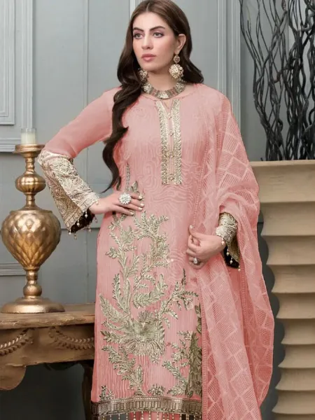 Peach Color Pakistani Dress in Georgette With Sequence and Diamond Work