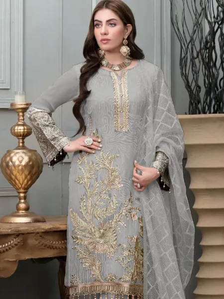 Grey Color Pakistani Dress in Georgette With Sequence and Diamond Work