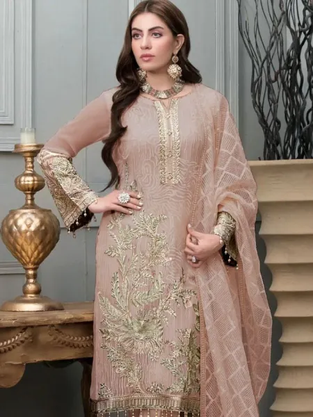 Dusty Pink Color Pakistani Dress in Georgette With Sequence and Diamond Work