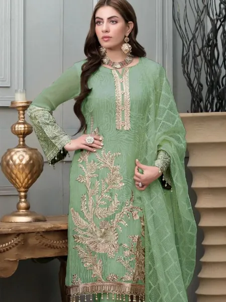 Pista Color Pakistani Dress in Georgette With Sequence and Diamond Work