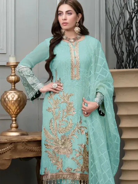Sky Color Pakistani Dress in Georgette With Sequence and Diamond Work
