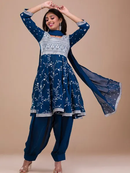 Blue Kediya Style Top With Afghani Pant in Vichitra Silk and Embroidery Work