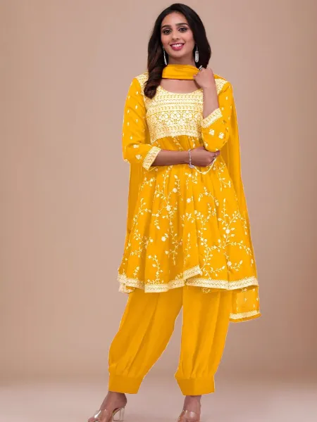 Yellow Kediya Style Top With Afghani Pant in Vichitra Silk and Embroidery Work