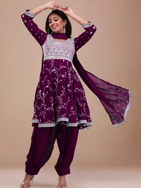 Wine Kediya Style Top With Afghani Pant in Vichitra Silk and Embroidery Work