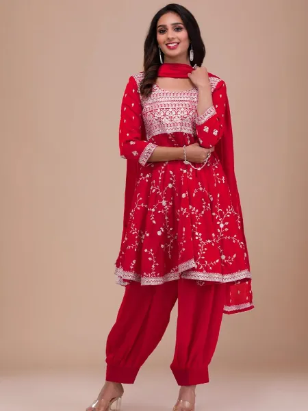 Pink Kediya Style Top With Afghani Pant in Vichitra Silk and Embroidery Work