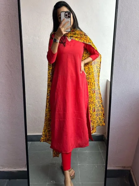 Summer Kurta Set in Red Cotton With Kalamkari Print Dupatta