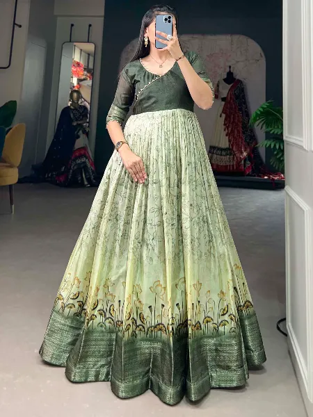 Green Ready to Wear Gown With Print and Weaving Border in Tussar Silk