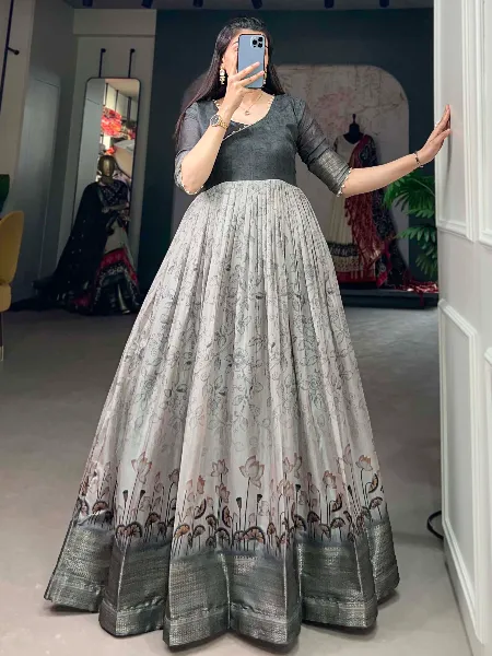 Grey Ready to Wear Gown With Print and Weaving Border in Tussar Silk