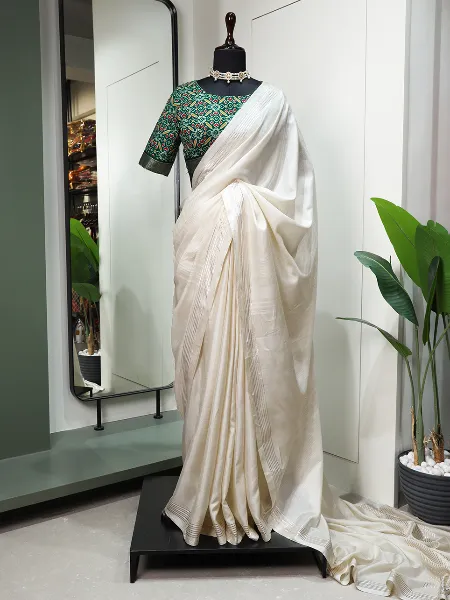 White Manipuri Tussar Silk Saree With Green Patola Print Blouse Manipuri Saree