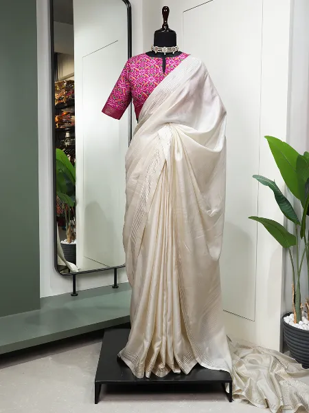 White Manipuri Tussar Silk Saree With Pink Patola Print Blouse Manipuri Saree