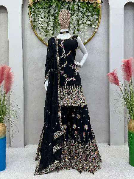 Black Top Sharara Suit in Georgette With Embroidery and Real Mirror Work