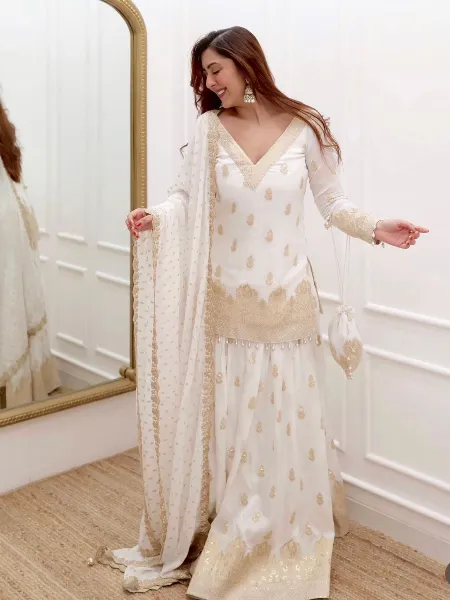 White Color Bollywood Indo Western With Sequence Embroidery and Dupatta