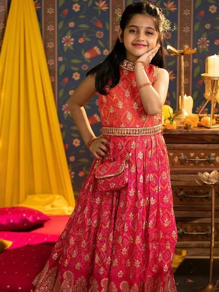 Pink Kids Gown With Digital Print and Embroidery Work in Georgette With Dupatta