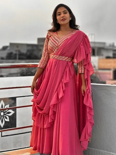 Light Pink Color Georgette Gown With Sequence Work and Frill Dupatta