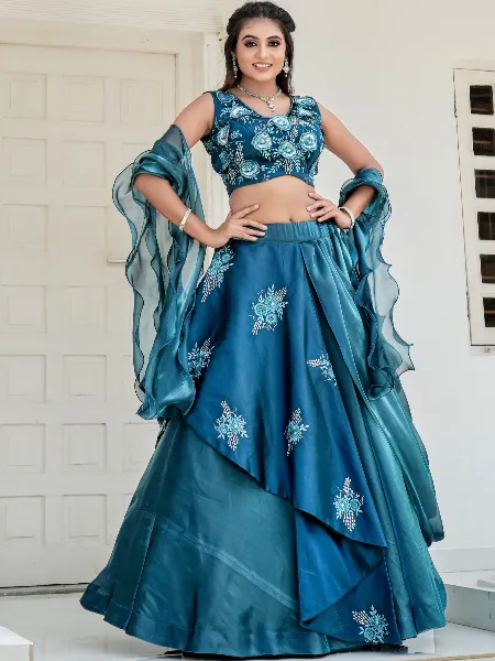 Rama Fancy Lehenga Choli With Hand Work and 3D Flower Blouse Ready to Wear