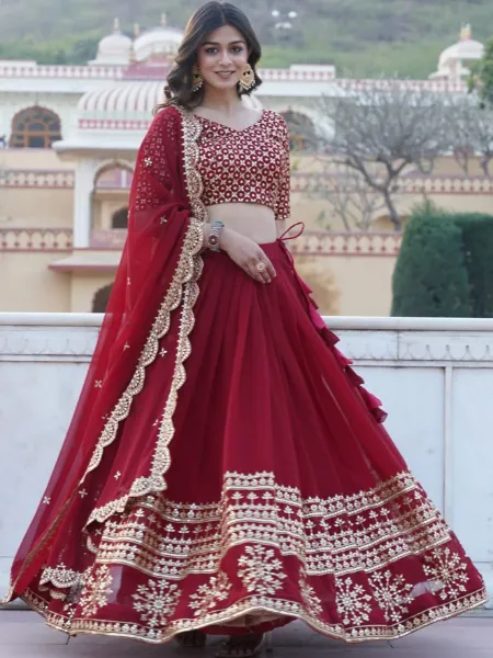 Indian Wedding Lehenga Choli in Maroon Georgette With Sequence and Embroidery