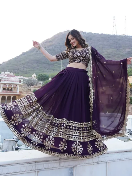 Indian Wedding Lehenga Choli in Wine Georgette With Sequence and Embroidery