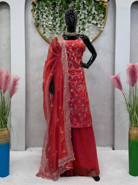 Red Color Top With Palazzo Suit in Jimmy Choo With Sequence Embroidery