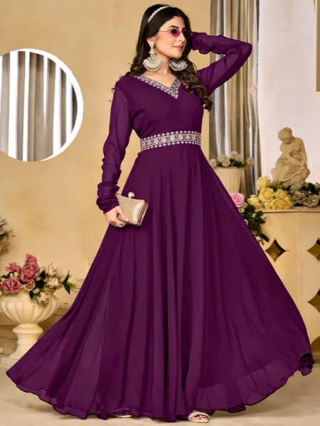 Wine Color Designer Party Wear Gown With Embroidery Work and 8 Meter Flair