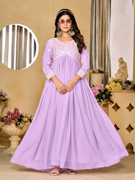 Lavender Color Designer Party Wear Gown With Embroidery Work and 5 Meter Flair