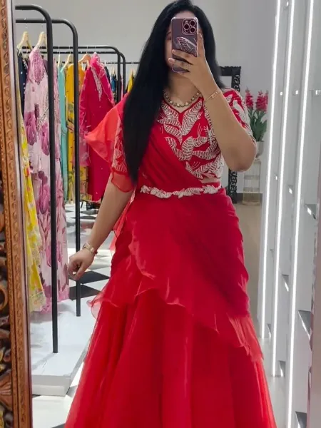 Red Ready to Wear Indian Lehenga Choli With Embroidery Work in Organza