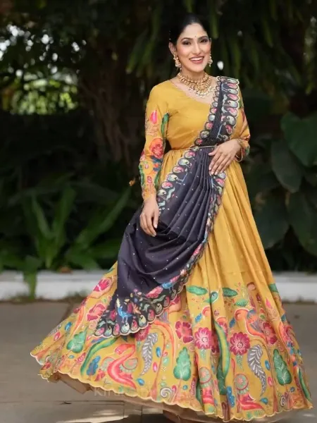 Mustard South Indian Gown With Kalamkari Print in Chent Crepe Ready to Wear