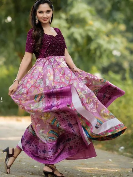 Wine South Indian Gown With Kalamkari Print in Embroidery Work Ready to Wear