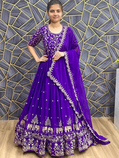 Purple Color Georgette Party Wear Gown With Sequins Embroidery Ready to Wear
