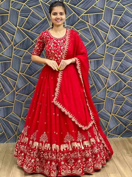 Red Color Georgette Party Wear Gown With Sequins Embroidery Ready to Wear