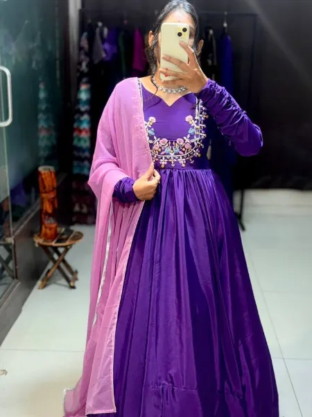 Purple Color Chinon Party Wear Gown With Sequins Embroidery Ready to Wear
