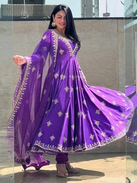 Purple Color Satin Gown With Sequins Embroidery and Dupatta Ready to Wear Gown