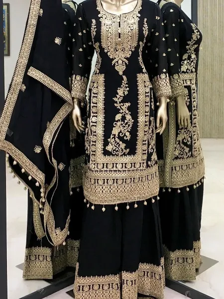 Black Color Designer Palazzo Suit in Chinon With Sequence Embroidery Work