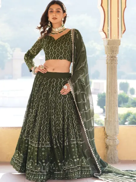 Indian Wedding Lehenga Choli in Mehendi Georgette With Sequence and Embroidery