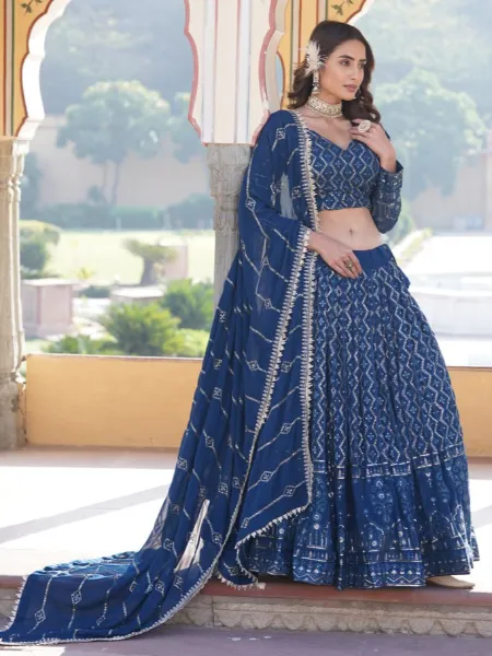 Indian Wedding Lehenga Choli in Blue Georgette With Sequence and Embroidery