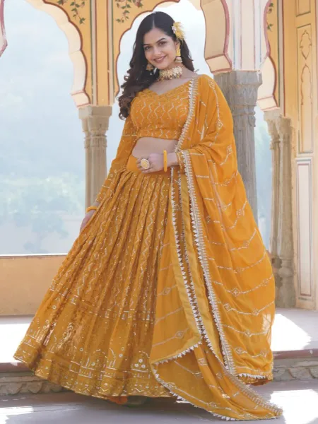 Indian Wedding Lehenga Choli in Yellow Georgette With Sequence and Embroidery
