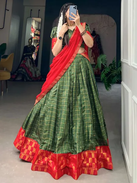 Green Color Half Saree Lehenga in Zari Chex With Weaving Work Pavadai Dhavani