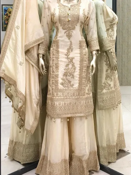 Cream Color Designer Palazzo Suit in Chinon With Sequence Embroidery Work