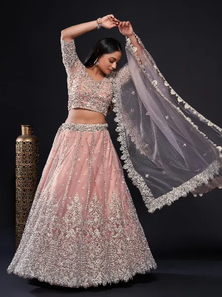 Light Pink Color Bridal Lehenga Choli for Wedding in Soft Net With Sequins Work