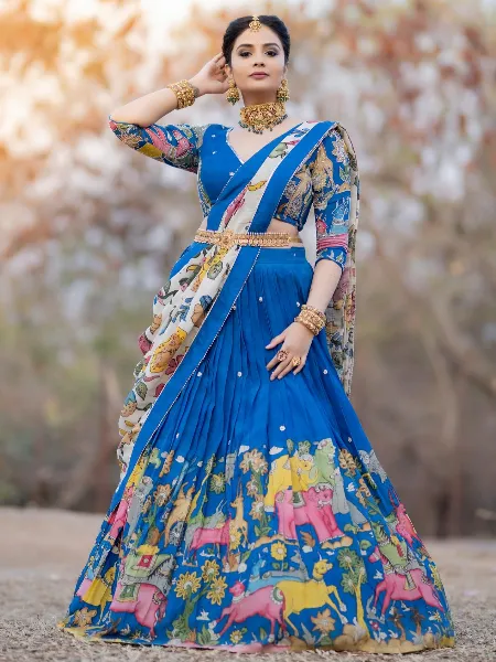 Royal Blue South Indian Lehenga Choli With Kalamkari Print Ready to Wear Lehenga
