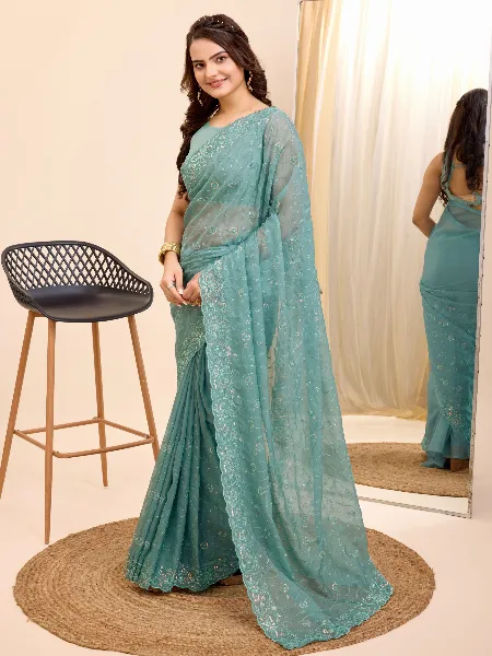 Turquoise Soft Organza Silk Indian Sari With Sequence and Cut Work Border