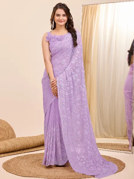 Lavender Indian Sari in Georgette With Rainbow Sequence and Cut Work Border