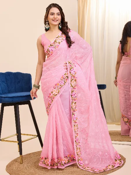 Light Pink Indian Sari in Tabby Silk With Colorful Embroidery and Blouse