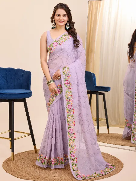 Lavender Indian Sari in Tabby Silk With Colorful Embroidery and Blouse