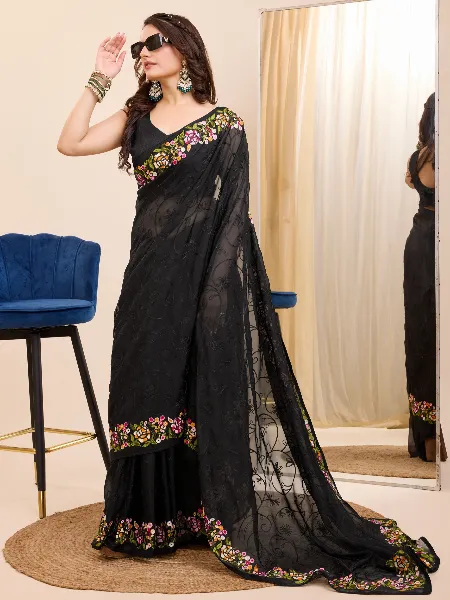 Black Indian Sari in Tabby Silk With Colorful Embroidery and Blouse