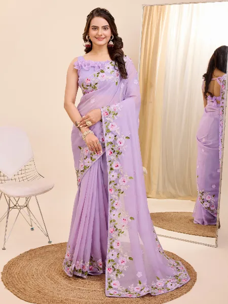 Lavender Color Indian Saree in Tabby Silk With Colorful Embroidery and Blouse