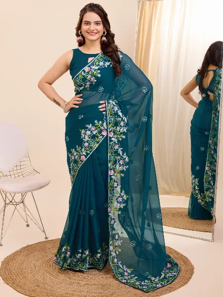 Teal Color Indian Saree in Tabby Silk With Colorful Embroidery and Blouse
