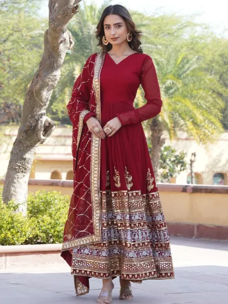 Maroon Heavy Gown in Georgette With Dupatta and Sequins Embroidery Work