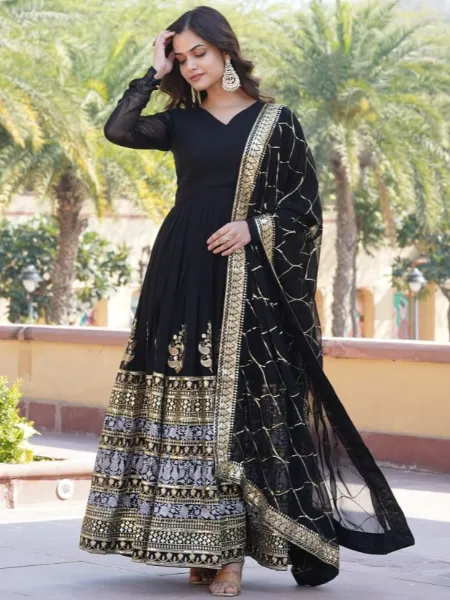 Black Heavy Gown in Georgette With Dupatta and Sequins Embroidery Work