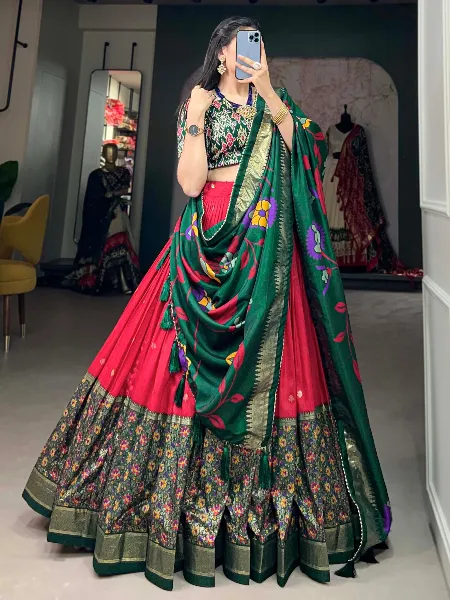 Tussar Silk Lehenga Choli in Red With Digital and Foil Print With Dupatta