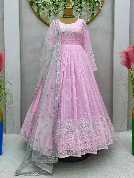 Light Pink Color Designer Gown With Sequence and Thread Work Reception Gown